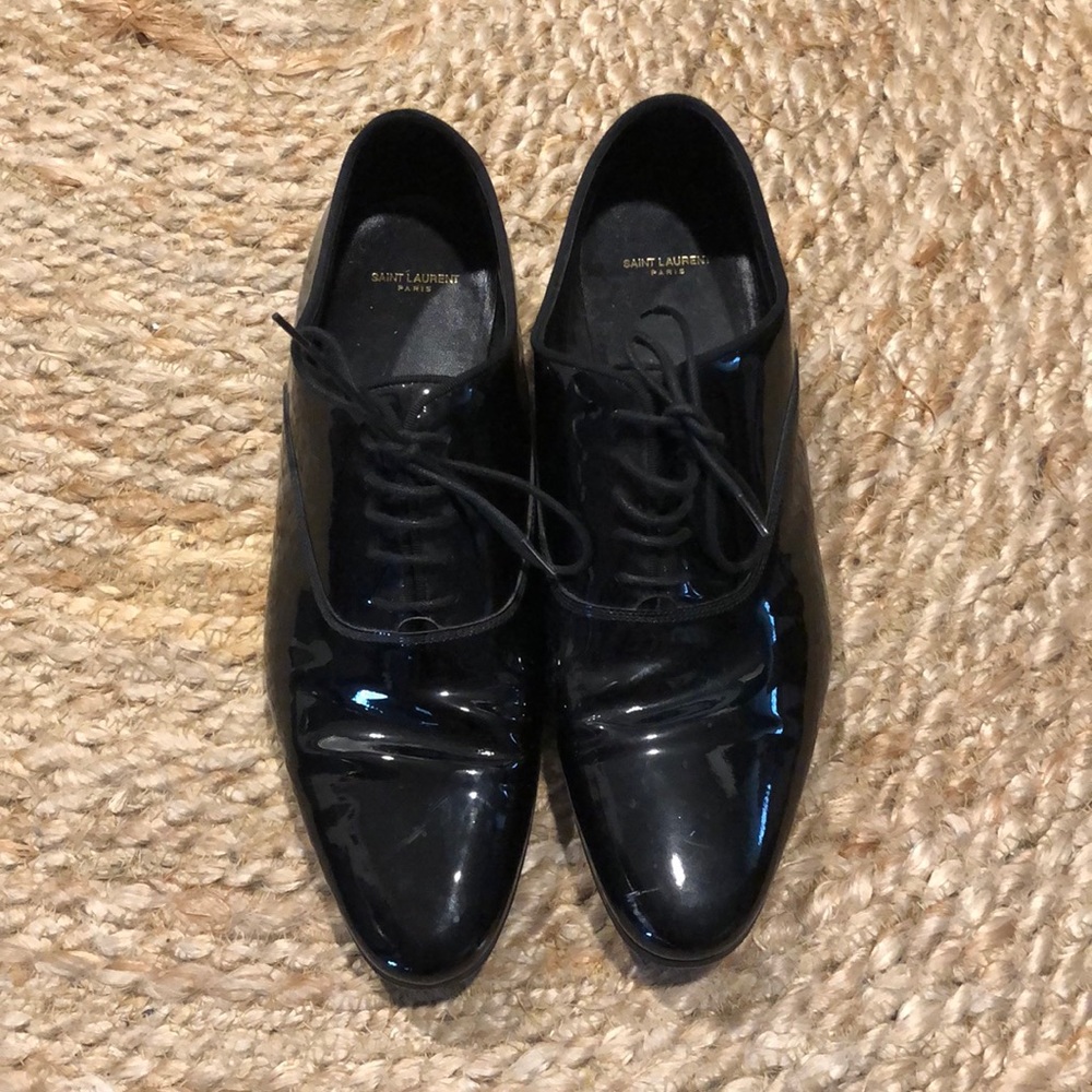 SAINT LAURENT size 38 Wyatt lace up derby shoe / black patent leather